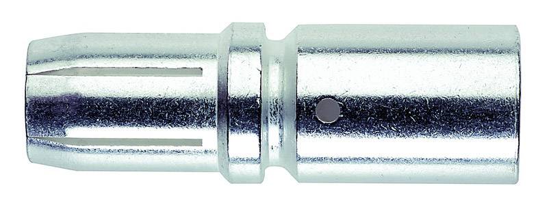 Raccord métallique à verrouillage rapide avec cylindre cannelé et ouverture, typiquement utilisé dans les systèmes pneumatiques pour des connexions sécurisées.