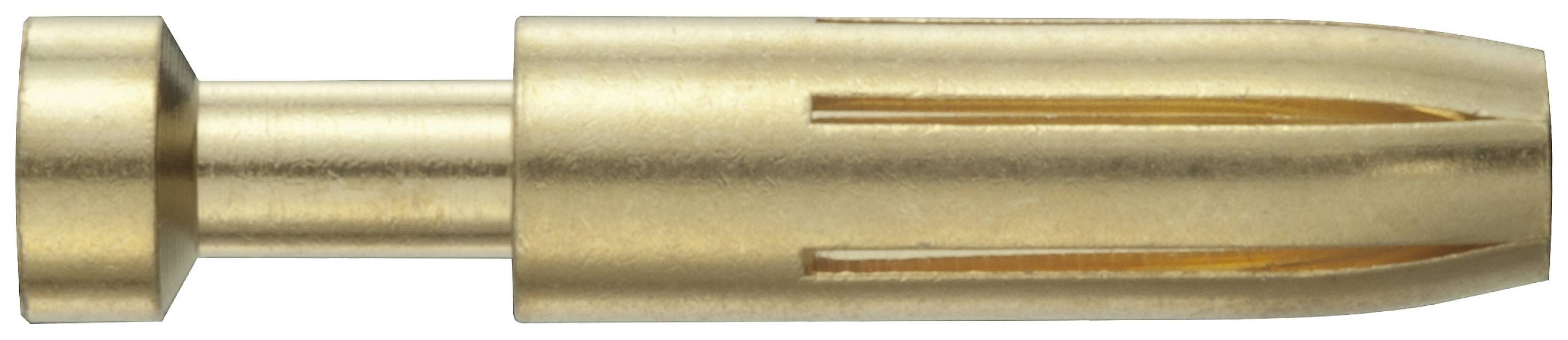 Un embout doré avec des ouvertures en forme de fente à une extrémité, probablement une partie d'un dispositif technique ou mécanique.