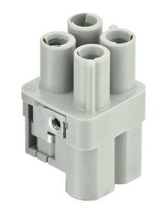 Connecteur électrique gris avec quatre ouvertures rondes de type femelle, adapté pour le passage de câbles ou l'installation.