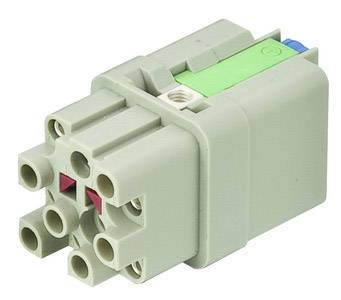 Un connecteur gris multibroche avec un clip vert. Utilisé pour les connexions électriques dans des applications techniques.