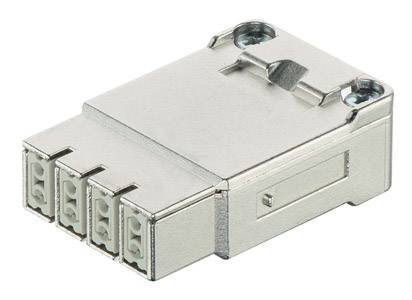 Connecteur métallique avec quatre ports carrés.