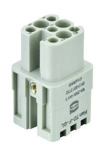 Connecteur électrique gris avec six bornes. Marquage indiquant 'Han 7D-F 10L'. Adapté aux applications industrielles.
