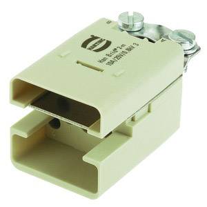Un connecteur rectangulaire beige avec deux fentes et deux vis métalliques sur un côté.