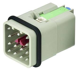 Un boîtier électrique rectangulaire gris avec plusieurs broches métalliques, un joint noir et des insertions colorées.