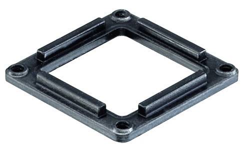 Cadre de support carré métallique avec quatre trous aux coins, adapté pour une fixation sur une surface.