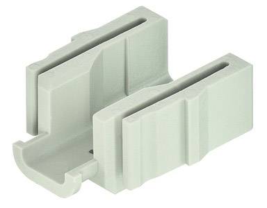 Une pièce rectangulaire en plastique gris clair avec deux fentes et un crochet sur la face avant. Utilisée à des fins de montage.