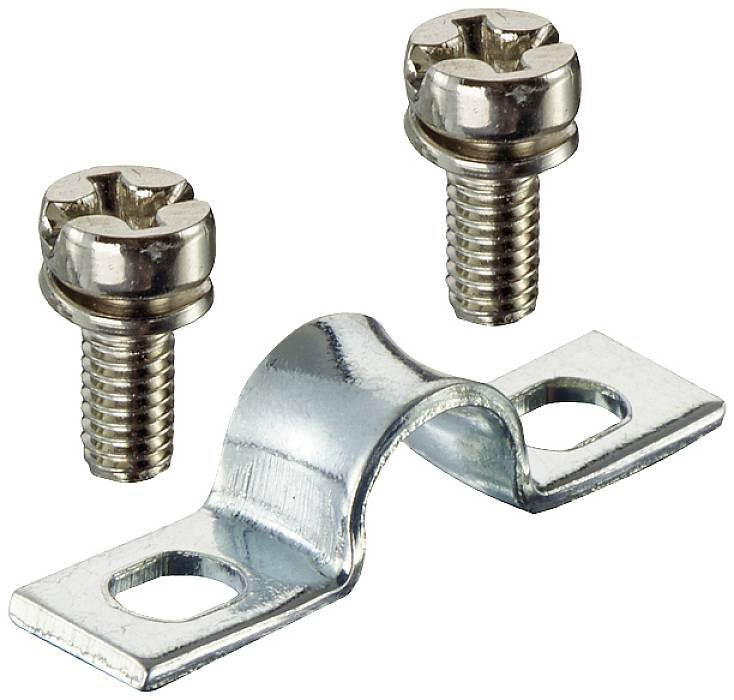 Bride de câble métallique à deux vis, adaptée pour la fixation de câbles sur différentes surfaces.