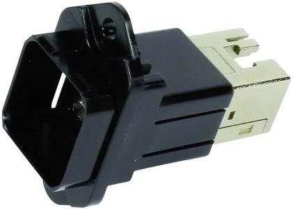Un adaptateur électrique noir et argenté qui combine une connexion rectangulaire avec un boîtier rectangulaire.