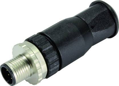 Un connecteur noir avec une extrémité filetée argentée et quatre broches visibles. Adapté aux applications industrielles.