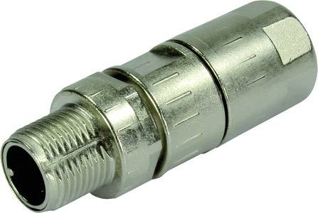 Adaptateur de fiche métallique ; forme cylindrique avec filetage. Utilisé pour connecter des câbles dans des appareils électroniques.