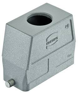 Boîtier métallique pour connecteurs, gris, avec verrouillage latéral et ouverture circulaire en haut, nom de marque 'Harting' estampé.