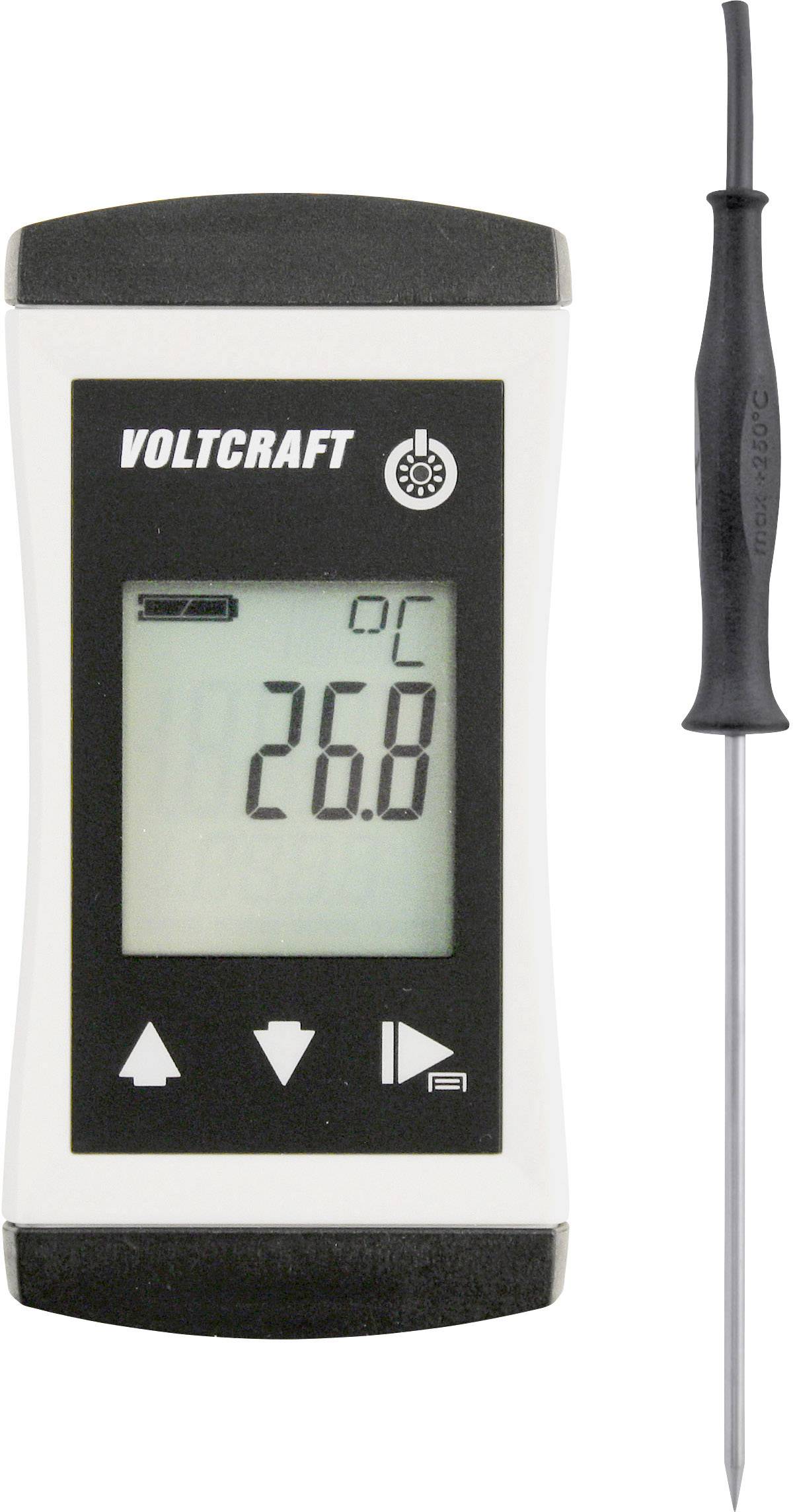 Thermomètre numérique de Voltcraft avec affichage de 26,8 degrés Celsius et sonde fournie pour mesurer la température.