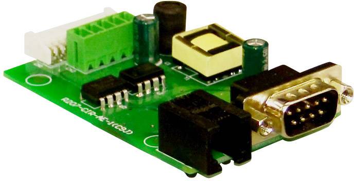 Une carte électronique verte avec des composants électroniques, comprenant un connecteur DB9 et plusieurs puces, sur un fond blanc.