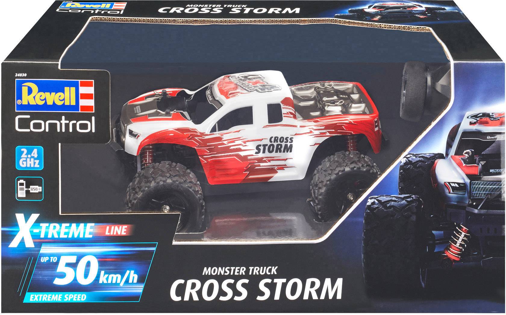Monster Truck 'Cross Storm' de Revell, design rouge et blanc, télécommandé, vitesse jusqu'à 50 km/h, contrôle 2,4 GHz.