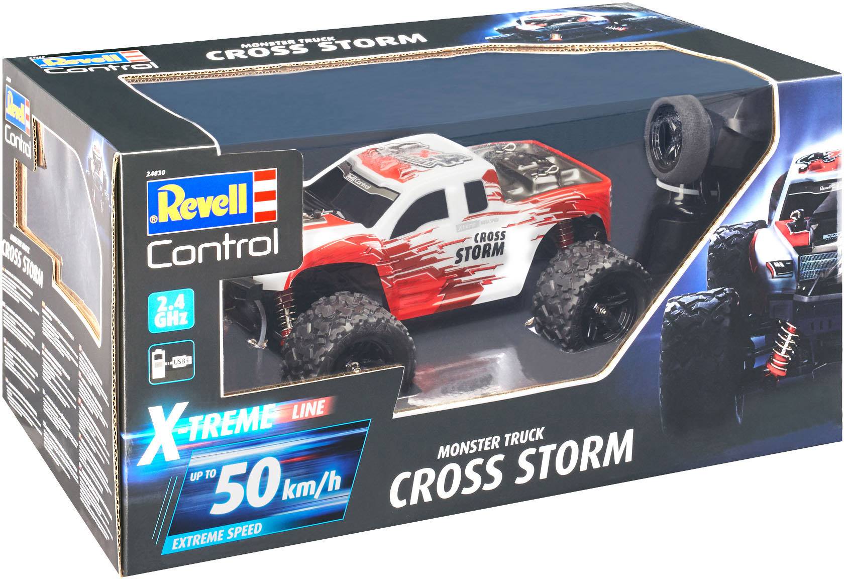 Boîte de jouet 'Revell Control Cross Storm Monster Truck' avec image du camion télécommandé. Vitesse jusqu'à 50 km/h, design rouge et blanc.