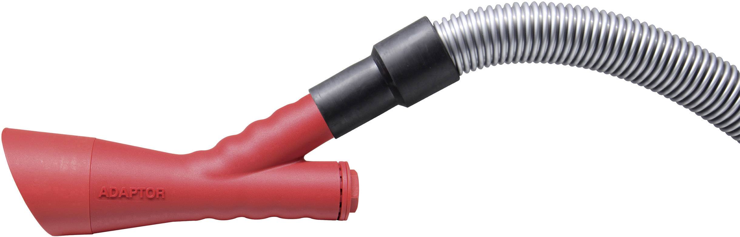 Un adaptateur d'aspirateur rouge avec un tuyau flexible gris est représenté, servant de connexion entre des appareils.