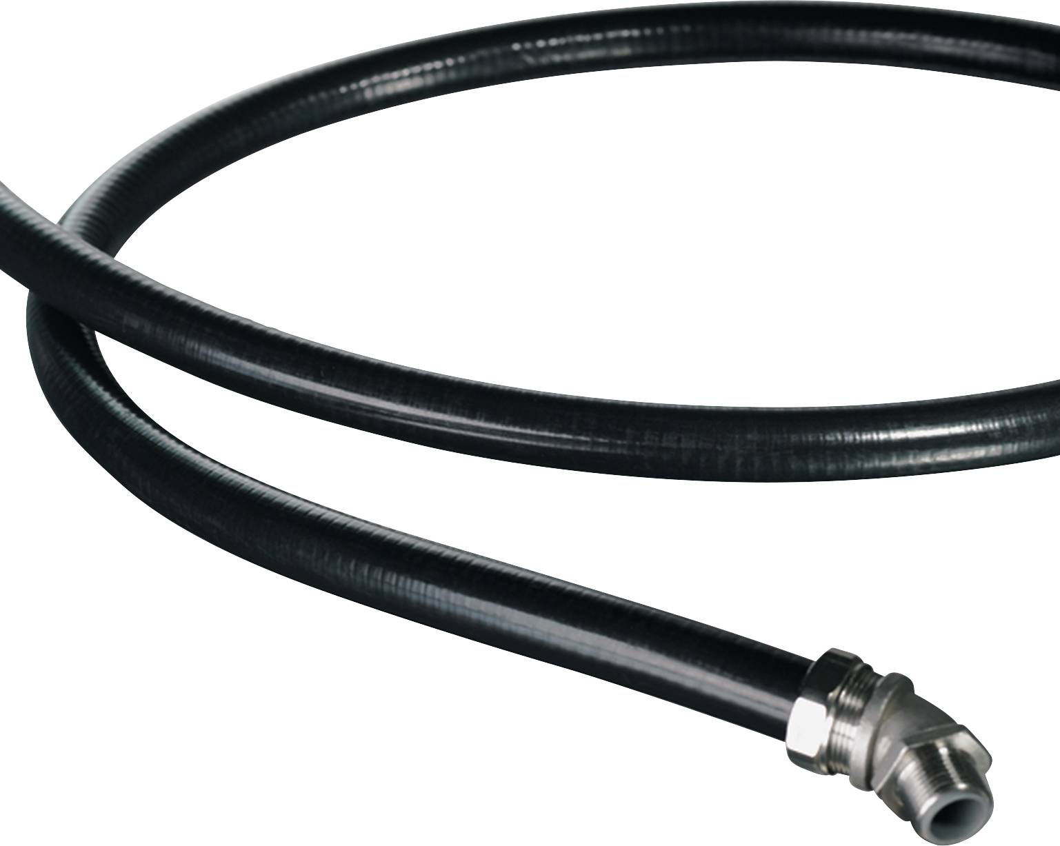 Tuyau noir flexible avec raccord métallique, destiné aux applications industrielles, présenté sur fond blanc.