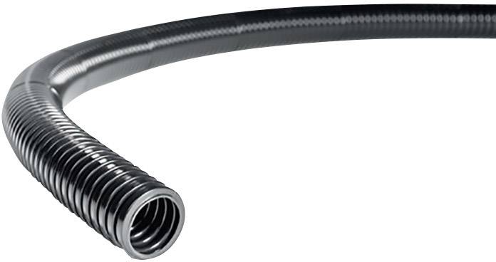 Un tuyau métallique flexible et cannelé, courbé en arc, sur un fond blanc.