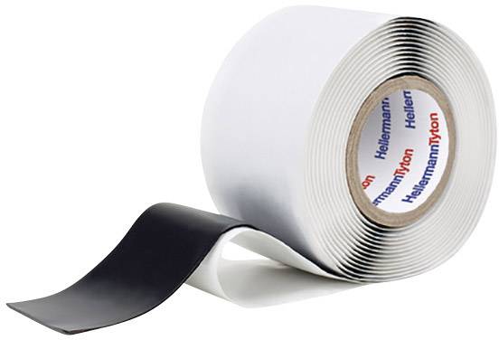 Rouleau de ruban isolant partiellement déroulé, affichant la marque 'HellermannTyton' sur le noyau. Le ruban présente un côté noir et un côté blanc.
