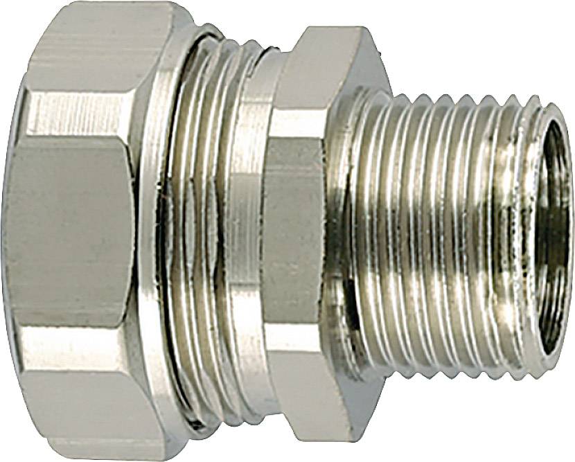 Un connecteur métallique cylindrique argenté fileté. Il est généralement utilisé dans les systèmes de tuyauterie pour relier différents composants.
