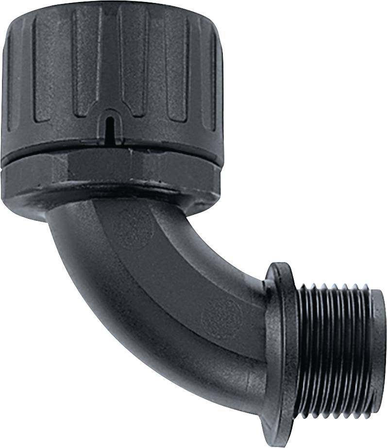Raccord de tuyau noir avec un angle de 90 degrés. Un côté possède un filetage cannelé, l'autre un capuchon rotatif.
