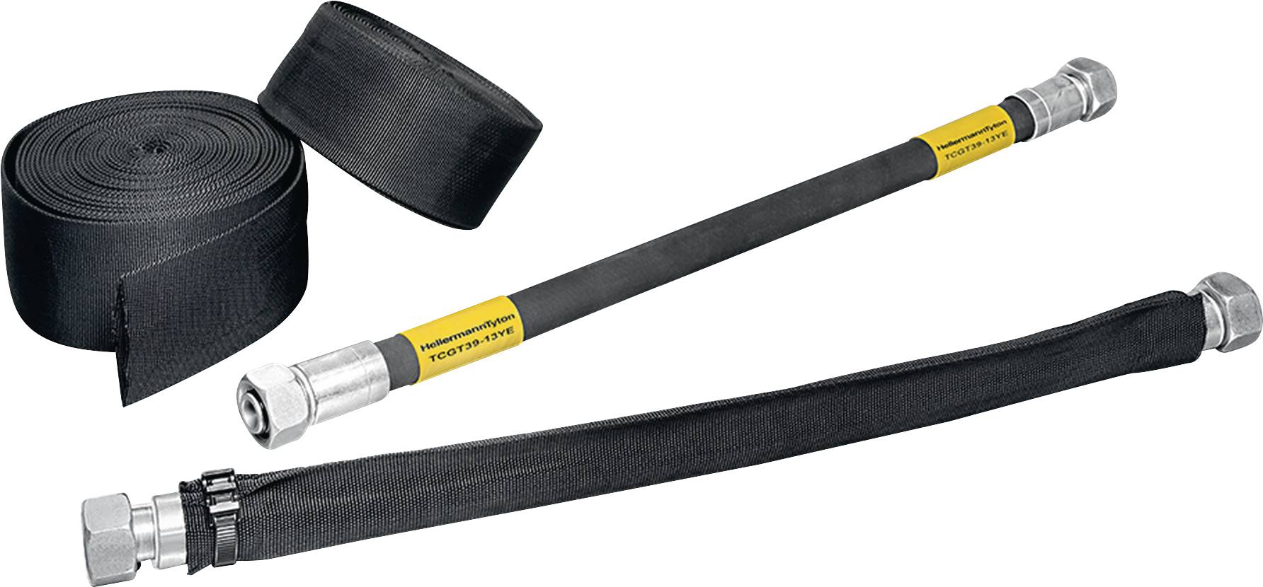 Conduite flexible avec gaine de protection noire et raccords, à côté une gaine de protection enroulée. Adaptée aux applications hydrauliques.