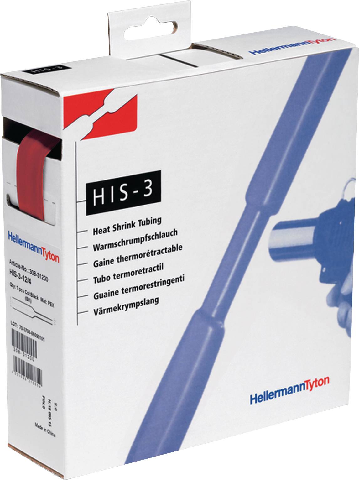 Emballage de HellermannTyton portant l'inscription 'HIS-3', montrant une image d'un tube thermorétractable rouge.