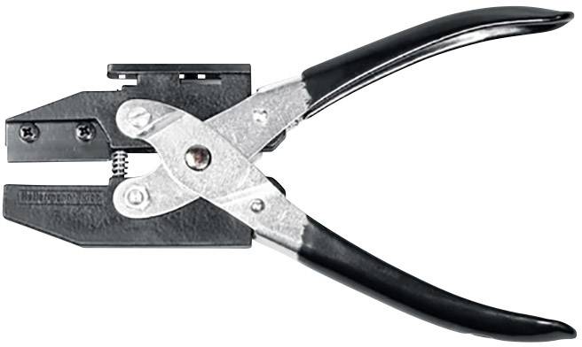Pince à manche noir avec dispositif métallique, utilisée pour plier ou poinçonner des matériaux.