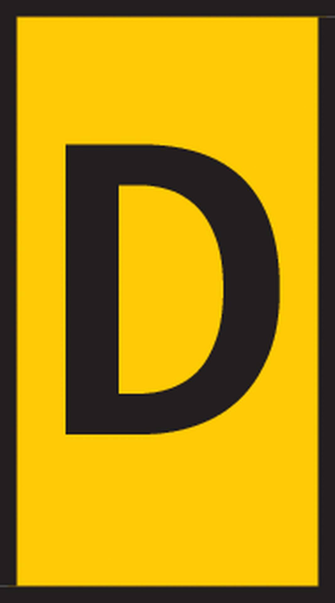 Panneau jaune avec un grand caractère noir 'D' au centre.
