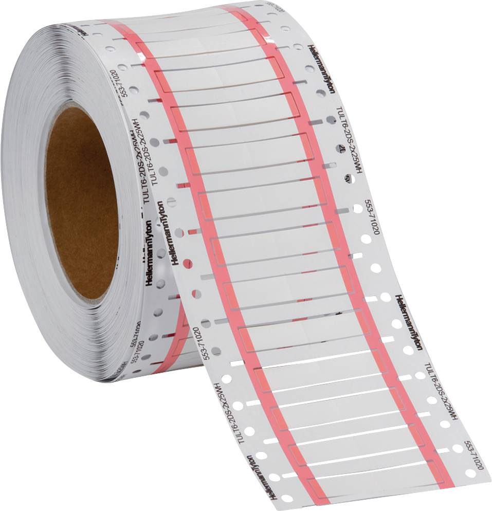Un rouleau d'étiquettes imprimées, perforé et marqué de repères rouges, destiné à être utilisé dans des imprimantes.