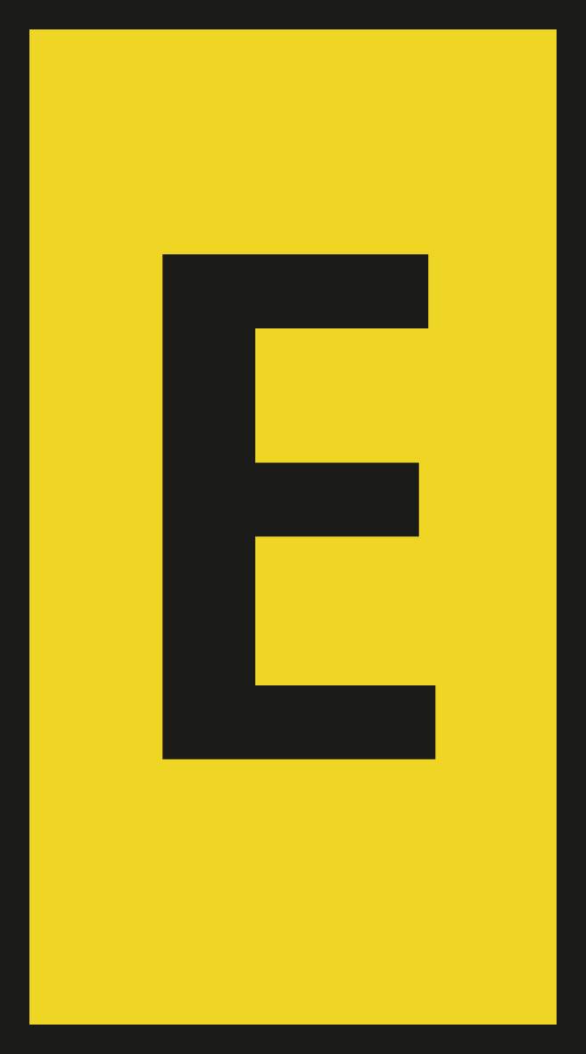 Un grand 'E' noir sur un fond jaune, encadré par un cadre noir.