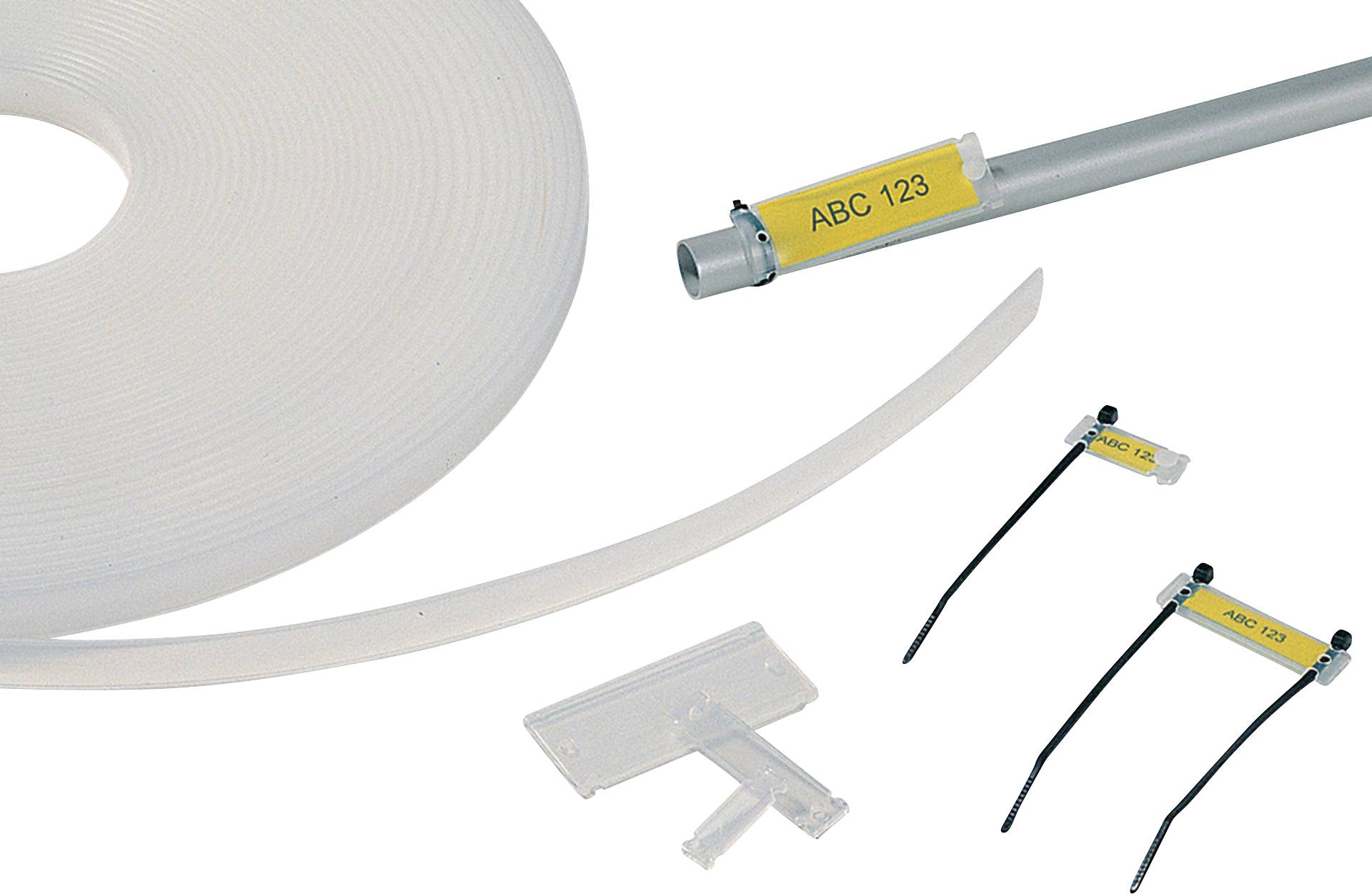 Un rouleau de ruban adhésif transparent, un tube avec une étiquette jaune 'ABC 123', et des attaches de câble avec des étiquettes similaires.
