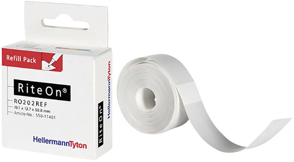 Ruban d'étiquettes rechargeables 'RiteOn' de HellermannTyton, blanc, à côté de son emballage correspondant.
