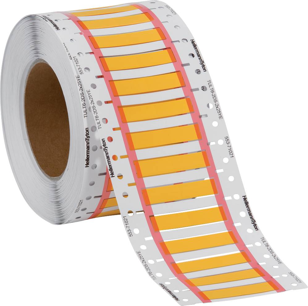 Un rouleau d'étiquettes blanches et oranges séparées par des perforations. Il est souvent utilisé pour des applications industrielles.
