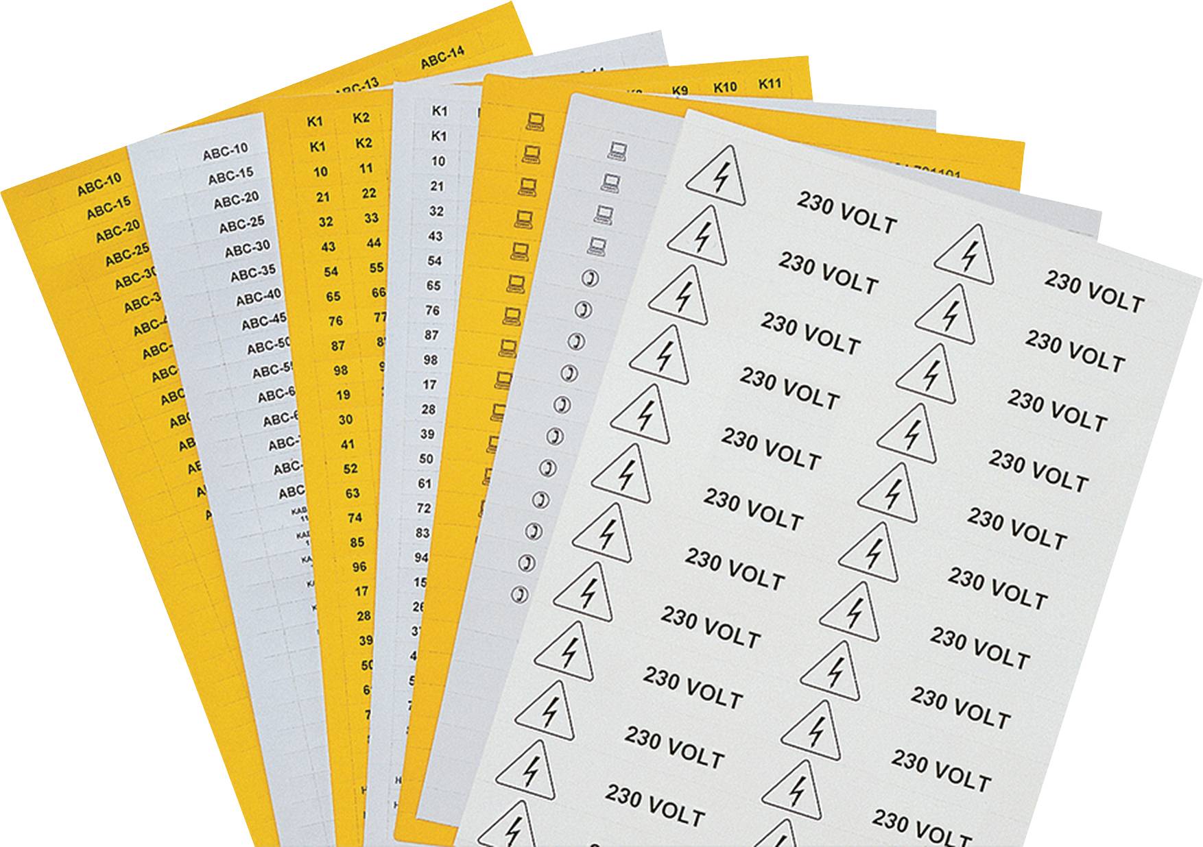 Plusieurs feuilles avec des autocollants. Les stickers affichent le symbole de l'électricité et l'inscription '230 VOLTS'. Chaque bande jaune comporte une liste de codes.