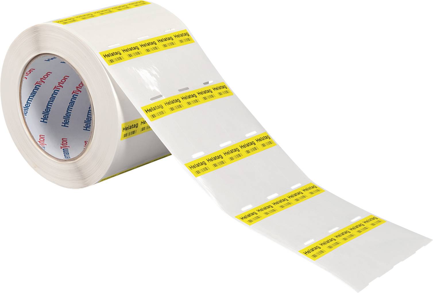 Un rouleau d'étiquettes transparentes avec une bande jaune sur laquelle est inscrit plusieurs fois 'Helatag Helatag'. Adapté pour le marquage de câbles.