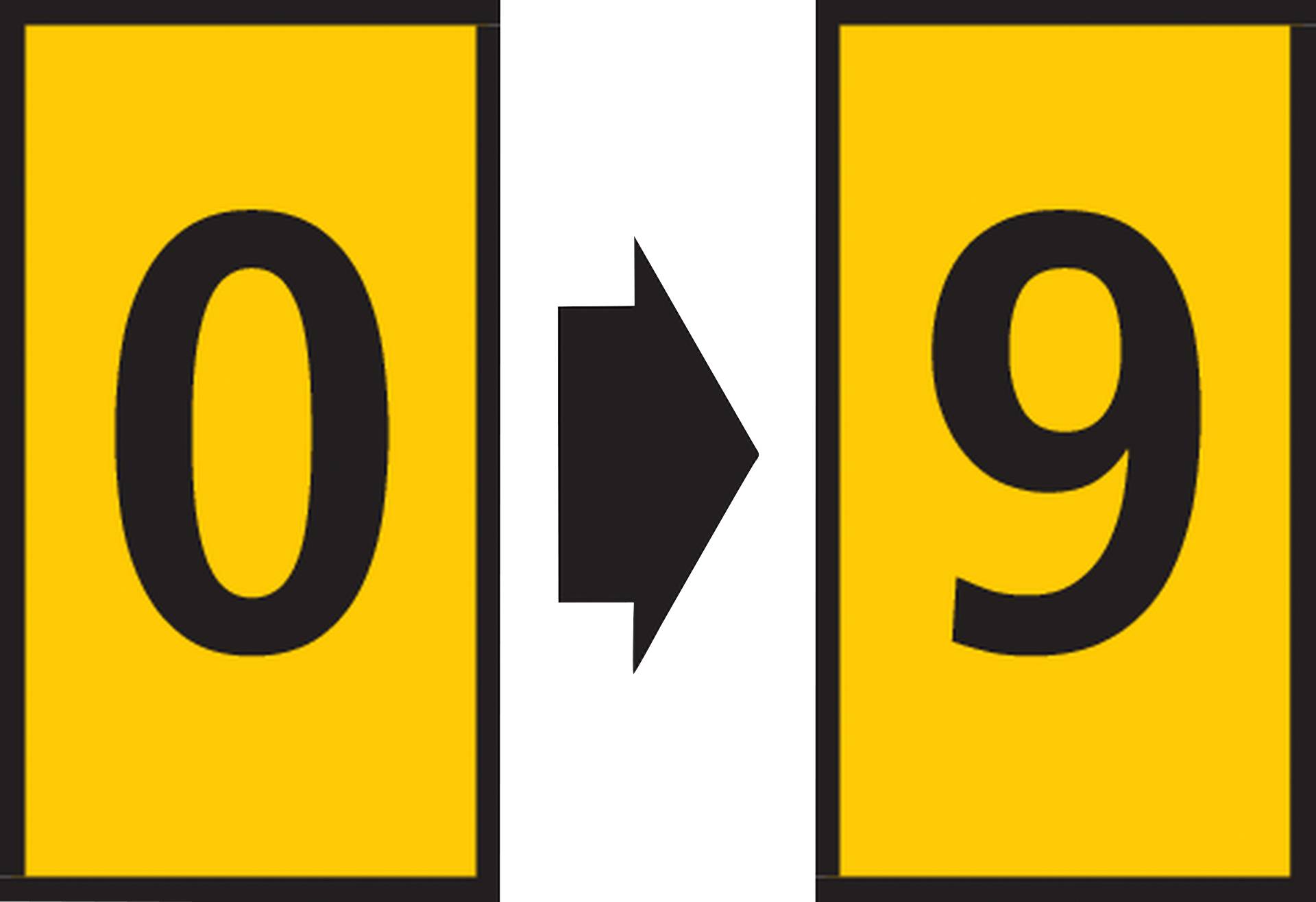 Chiffre noire '0' sur un fond jaune, une flèche pointant vers la droite vers le chiffre '9'.