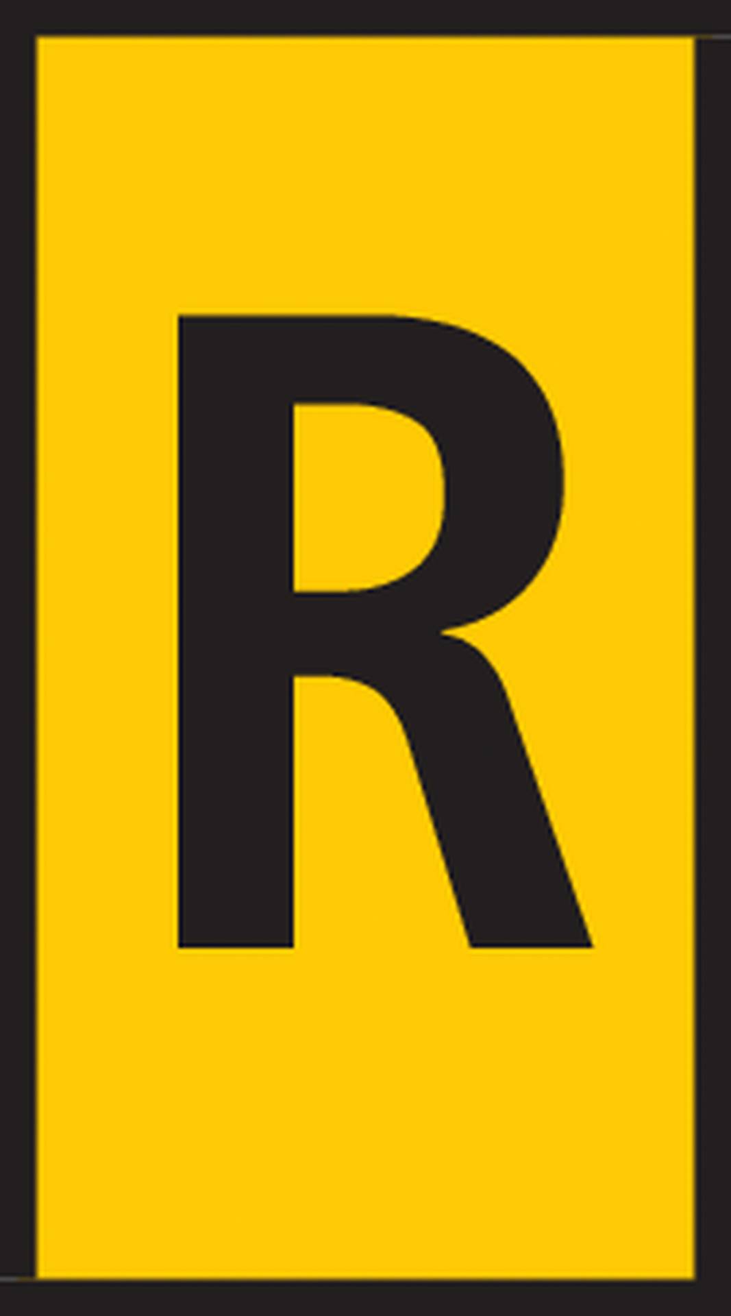 Panneau rectangulaire jaune avec un grand lettrage noir 'R' au centre.