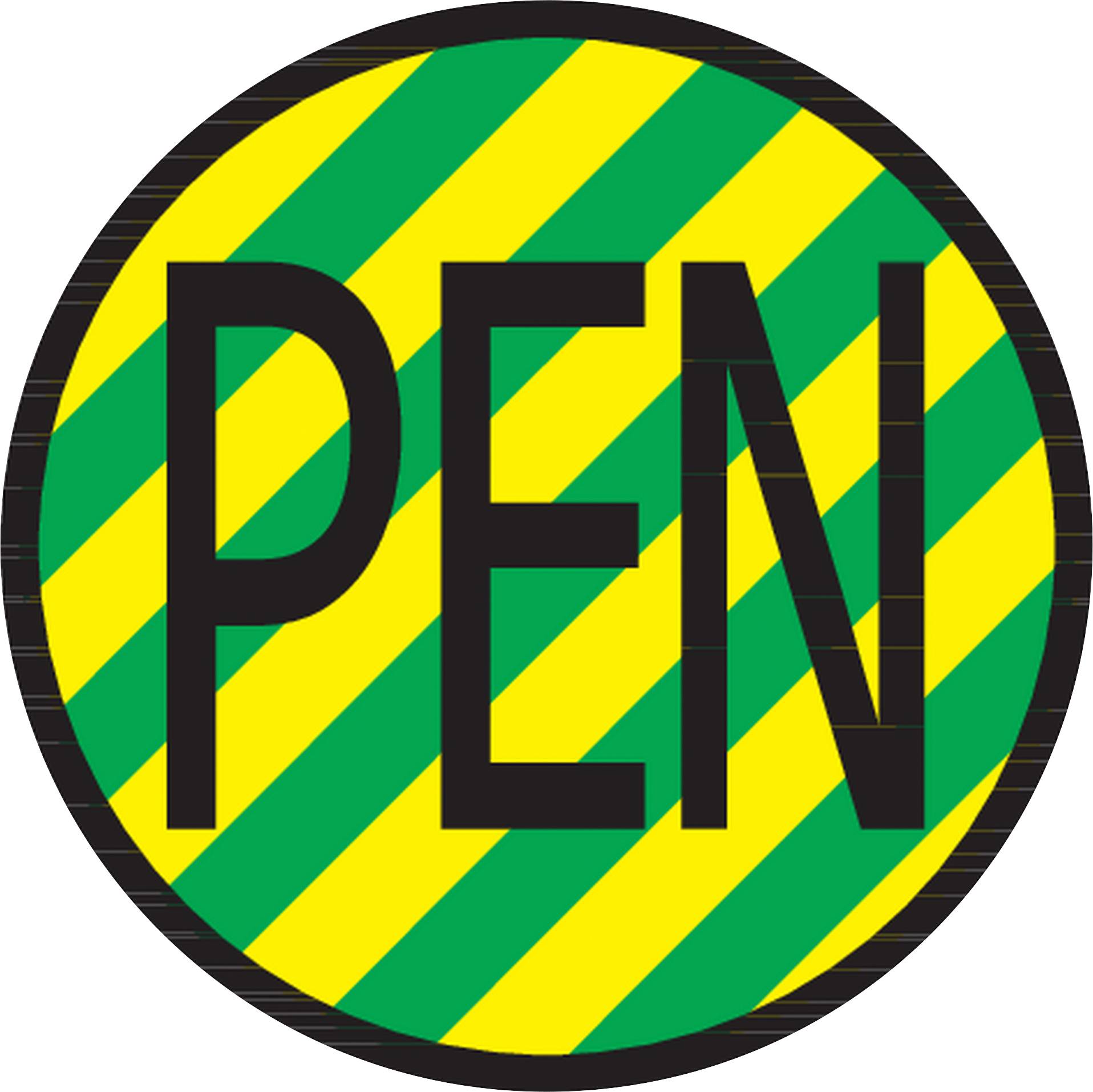 'PEN' en grandes lettres noires sur un fond de rayures diagonales vertes et jaunes.