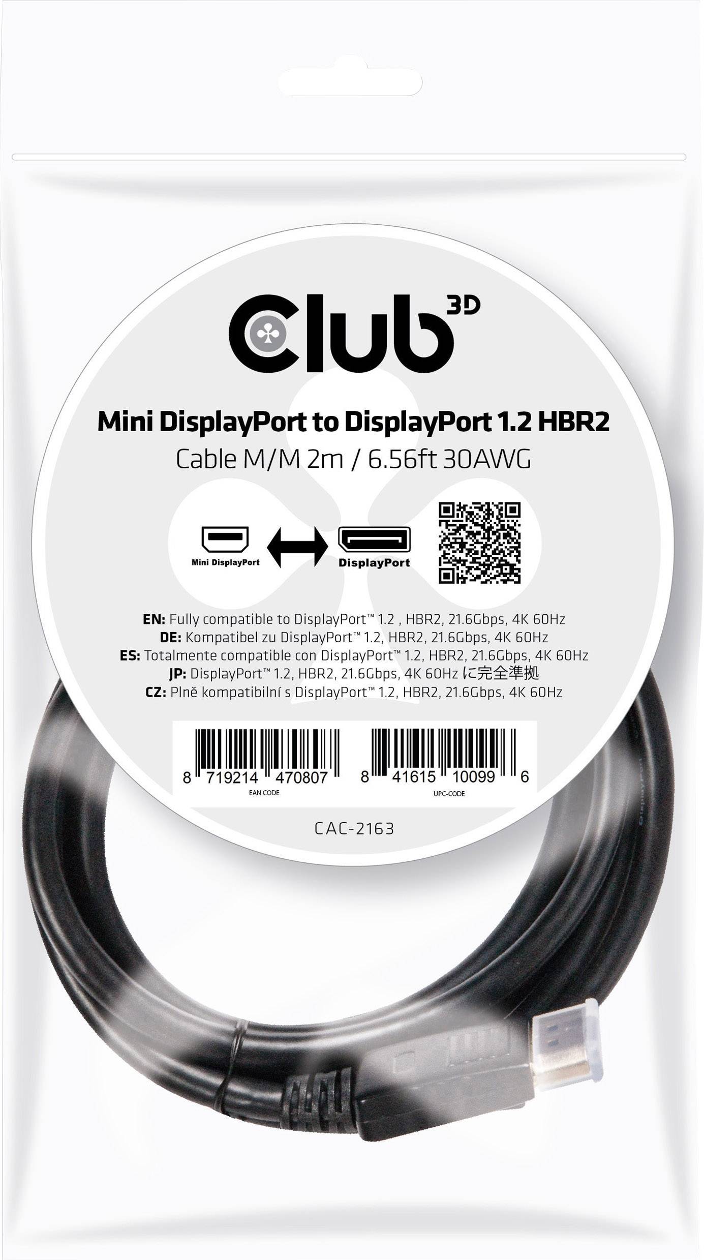 Câble adaptateur club3D Mini-Display / DisplayPort Fiche mâle Mini DisplayPort, Fiche mâle DisplayPort 2.00 m noir CAC-2163