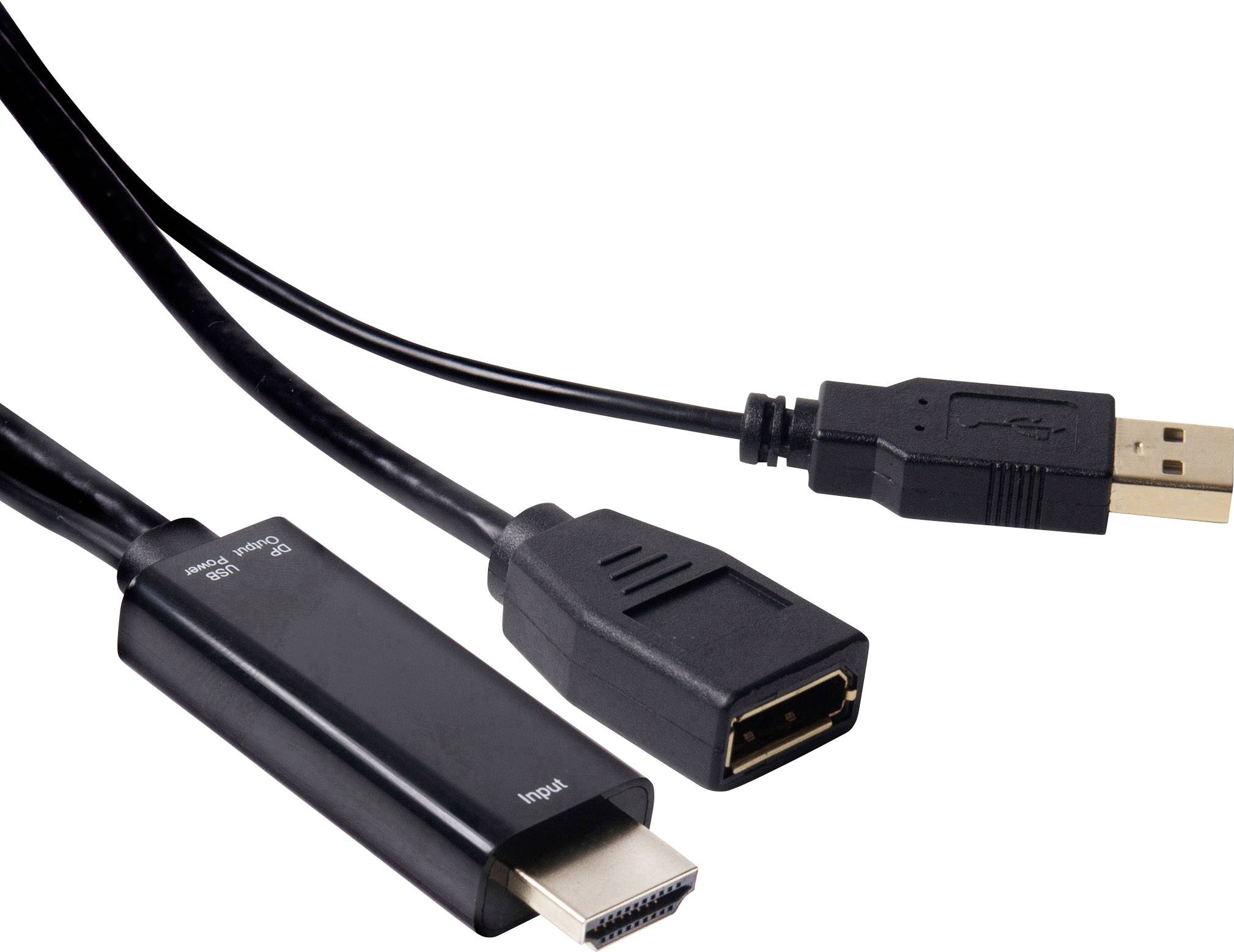 Un adaptateur de câble USB vers HDMI : à gauche une fiche HDMI, à droite une fiche USB. Permet de connecter des appareils avec des ports différents.