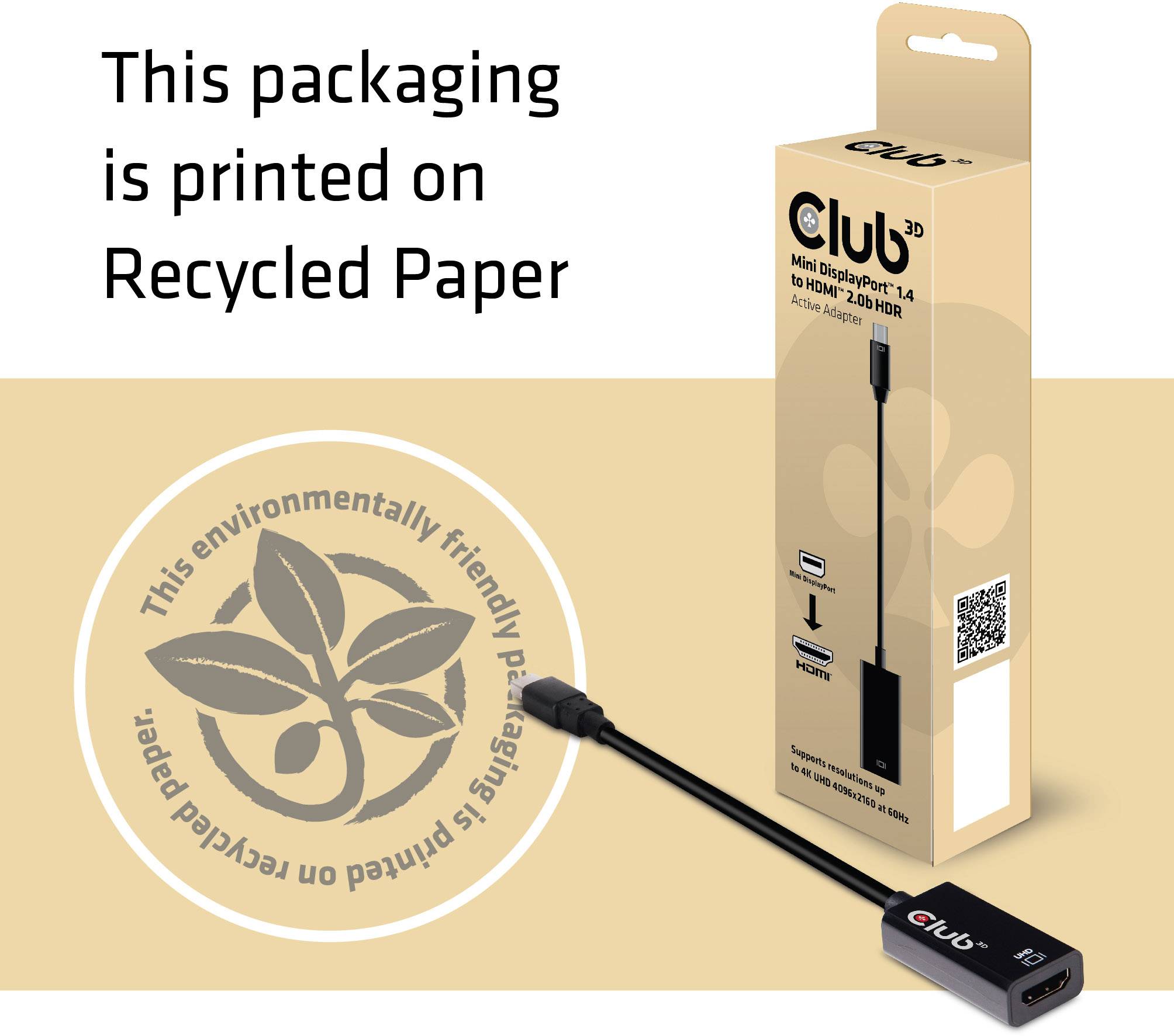 Emballage d'un adaptateur Mini DisplayPort 1.4, fond beige, papier recyclé, sceau d'éco-compatibilité avec un motif de feuille.