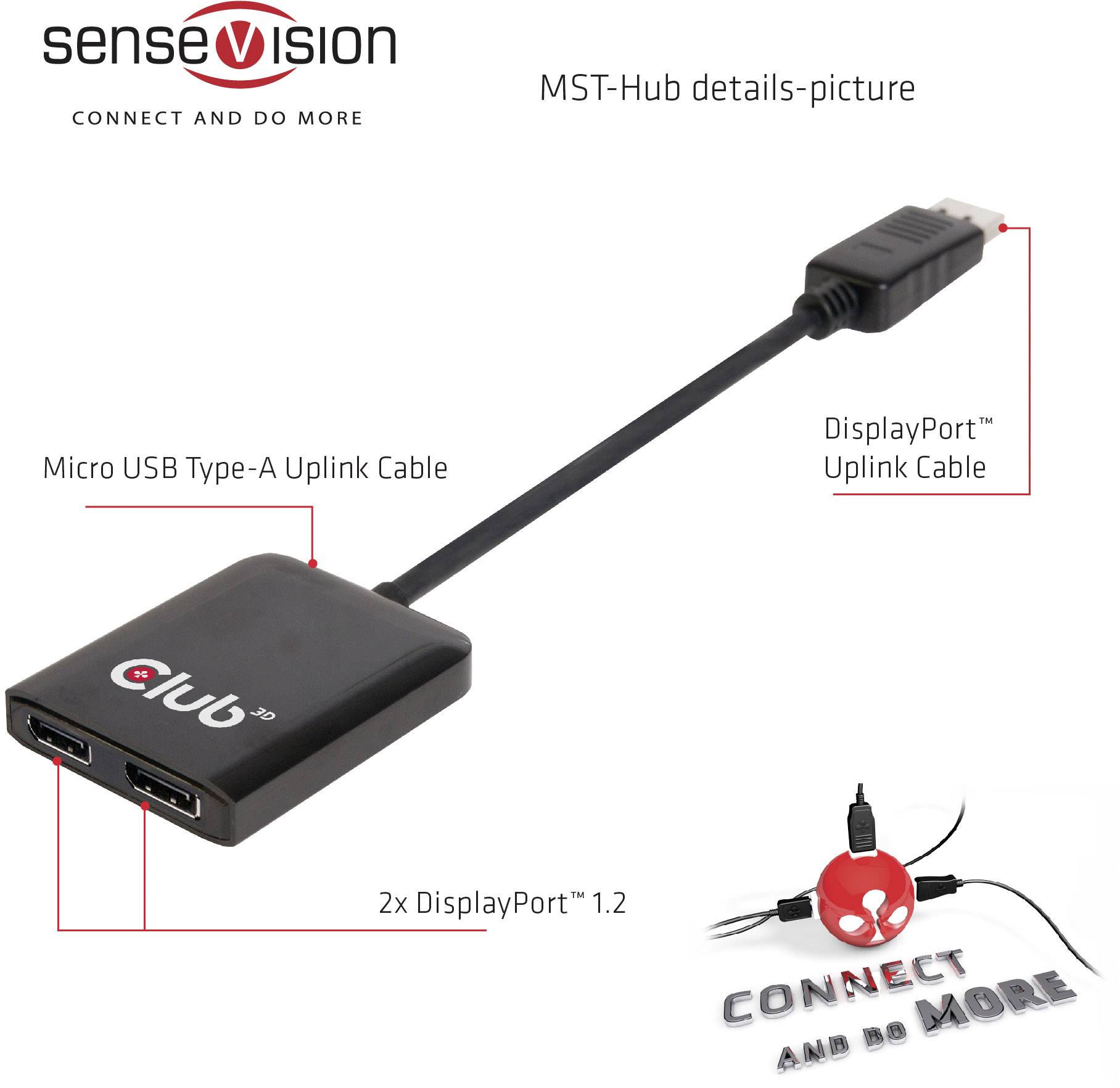 club3D CSV-6200 DisplayPort Adaptateur [1x DisplayPort mâle, USB 3.0 femelle Micro B - 2x DisplayPort femelle] noir