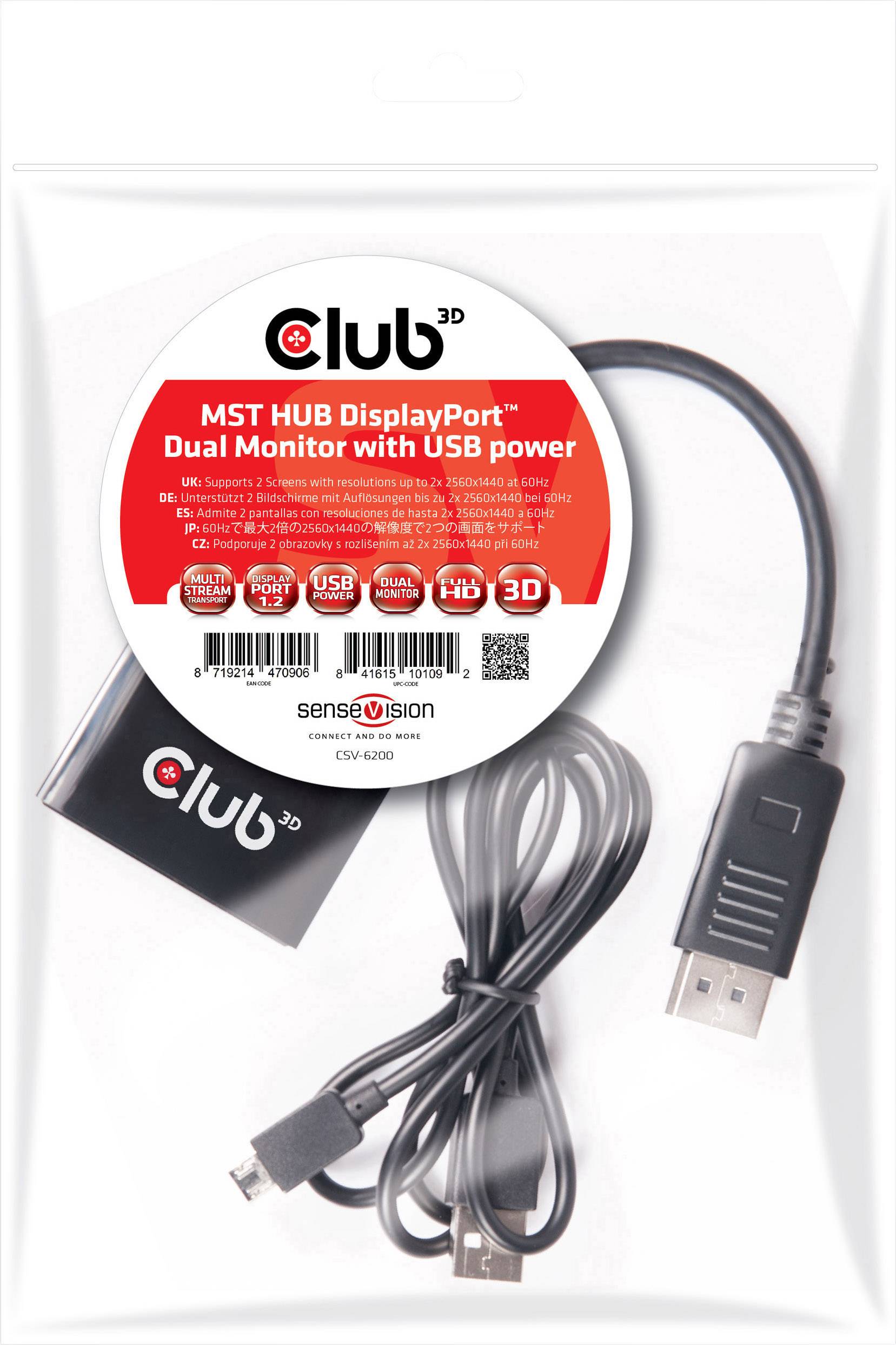 club3D CSV-6200 DisplayPort Adaptateur [1x DisplayPort mâle, USB 3.0 femelle Micro B - 2x DisplayPort femelle] noir
