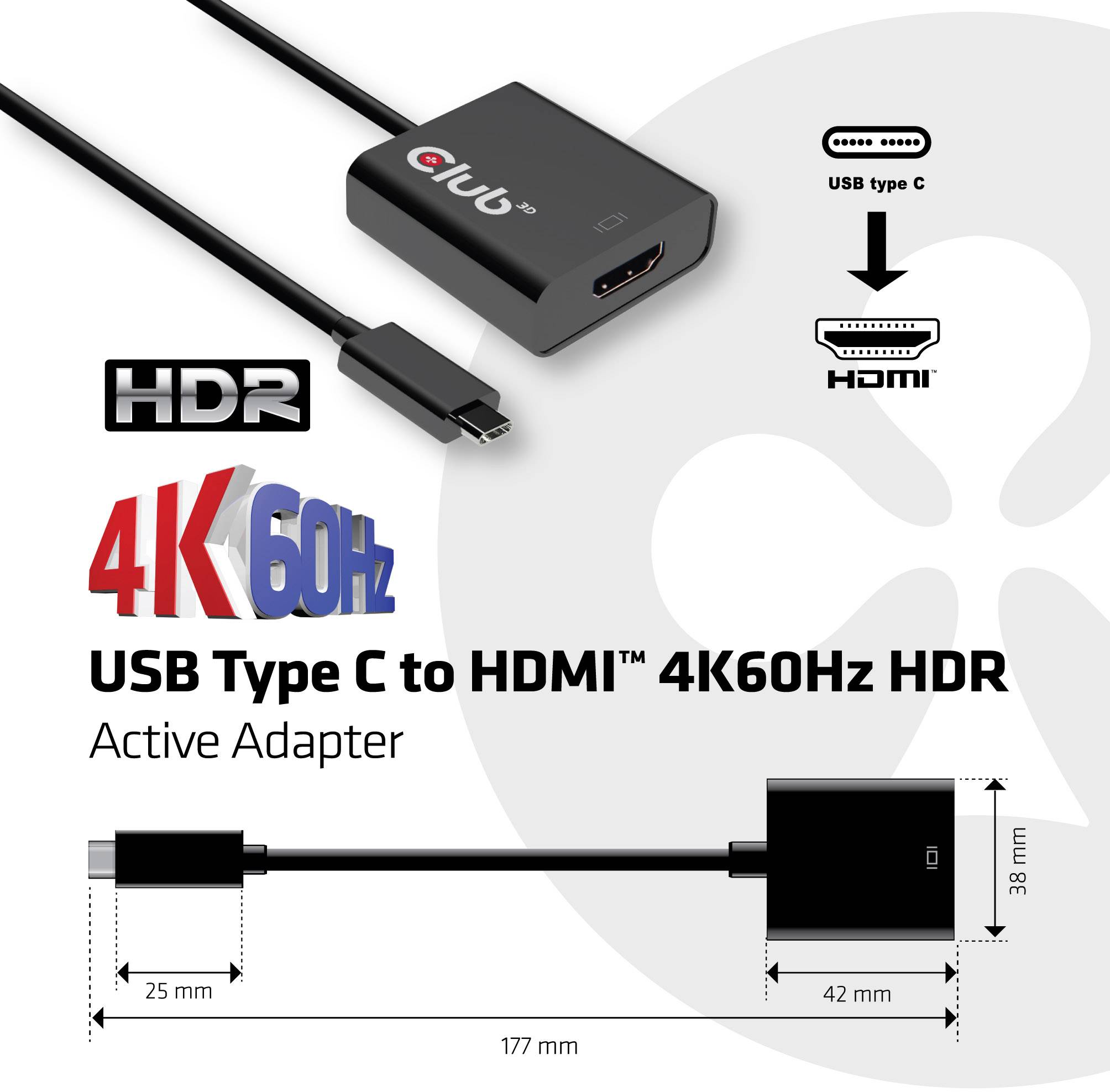 Adaptateur USB-C vers HDMI avec support HDR 4K60Hz, montrant les câbles et les connecteurs. Comprend les logos HDR et 4K60Hz, longueur 177 mm.
