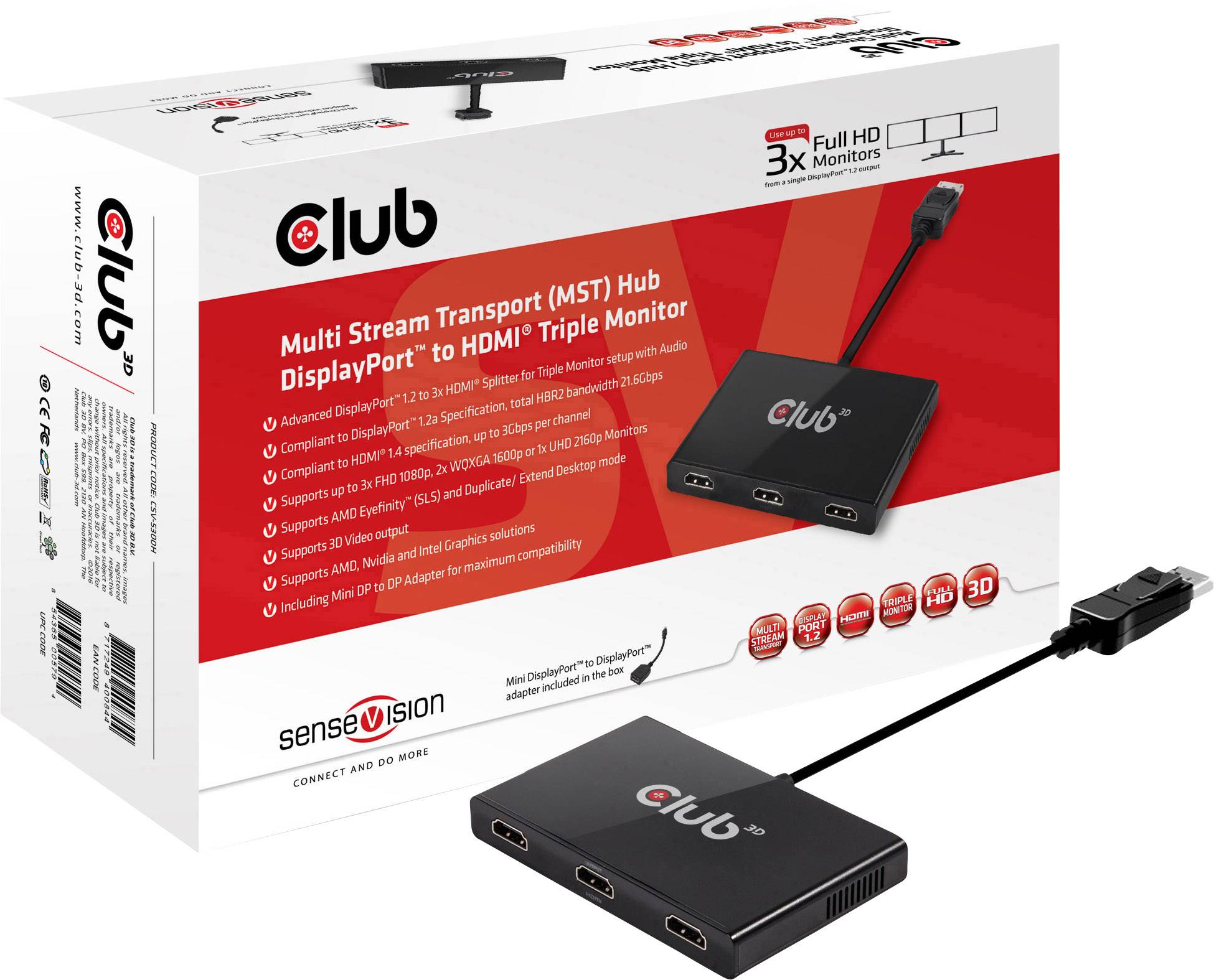 club3D CSV-5300H DisplayPort Adaptateur [1x DisplayPort mâle - 3x HDMI femelle] noir