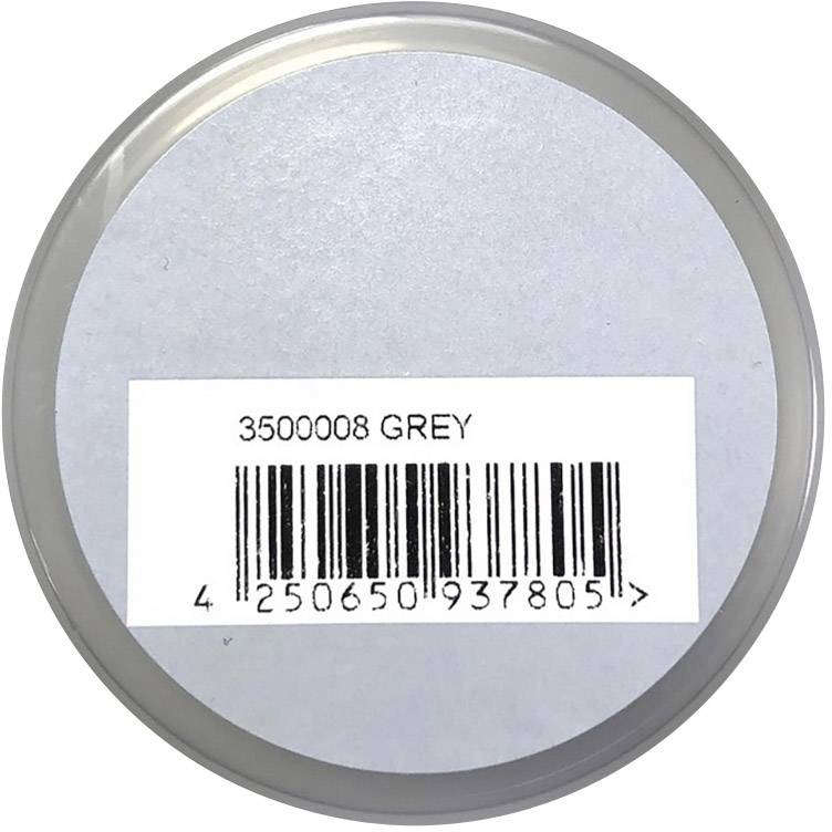 Boîte en plastique ronde vue de dessus, avec un couvercle gris. Étiquette portant l'inscription '3500008 GREY' et un code-barres en dessous.