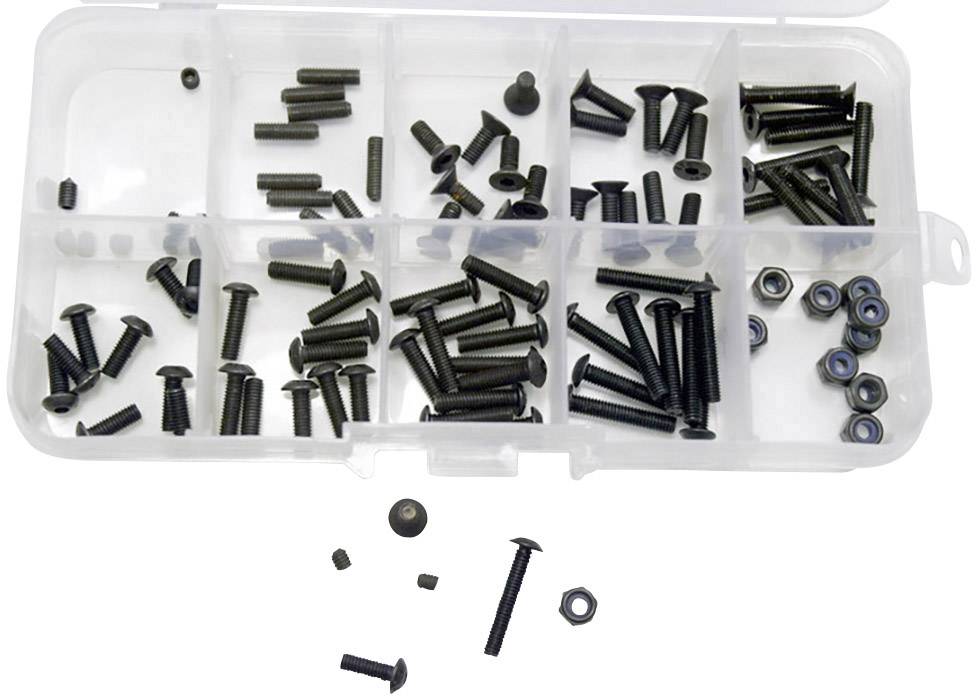 Petit récipient en plastique à plusieurs compartiments, rempli de différentes vis et écrous noirs.