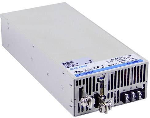 Bloc d'alimentation métallique avec grille de ventilation frontale et connecteurs. Étiquette du fabricant avec spécifications techniques visible sur le dessus.
