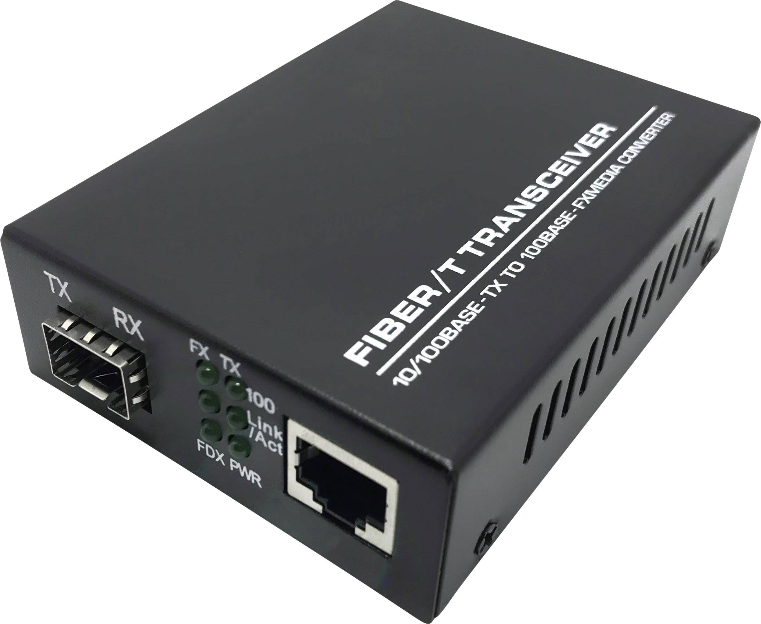 Un transceiver à fibre optique noir avec des ports pour TX, RX et Ethernet, utilisé pour convertir les signaux de fibre optique en signaux cuivre.